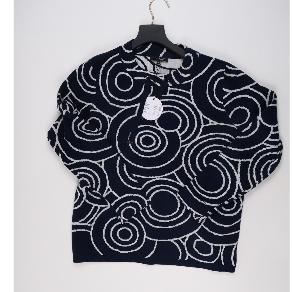 SUNDAY Geometric Circle Knit Top Navy White Lace Up Medium NWT